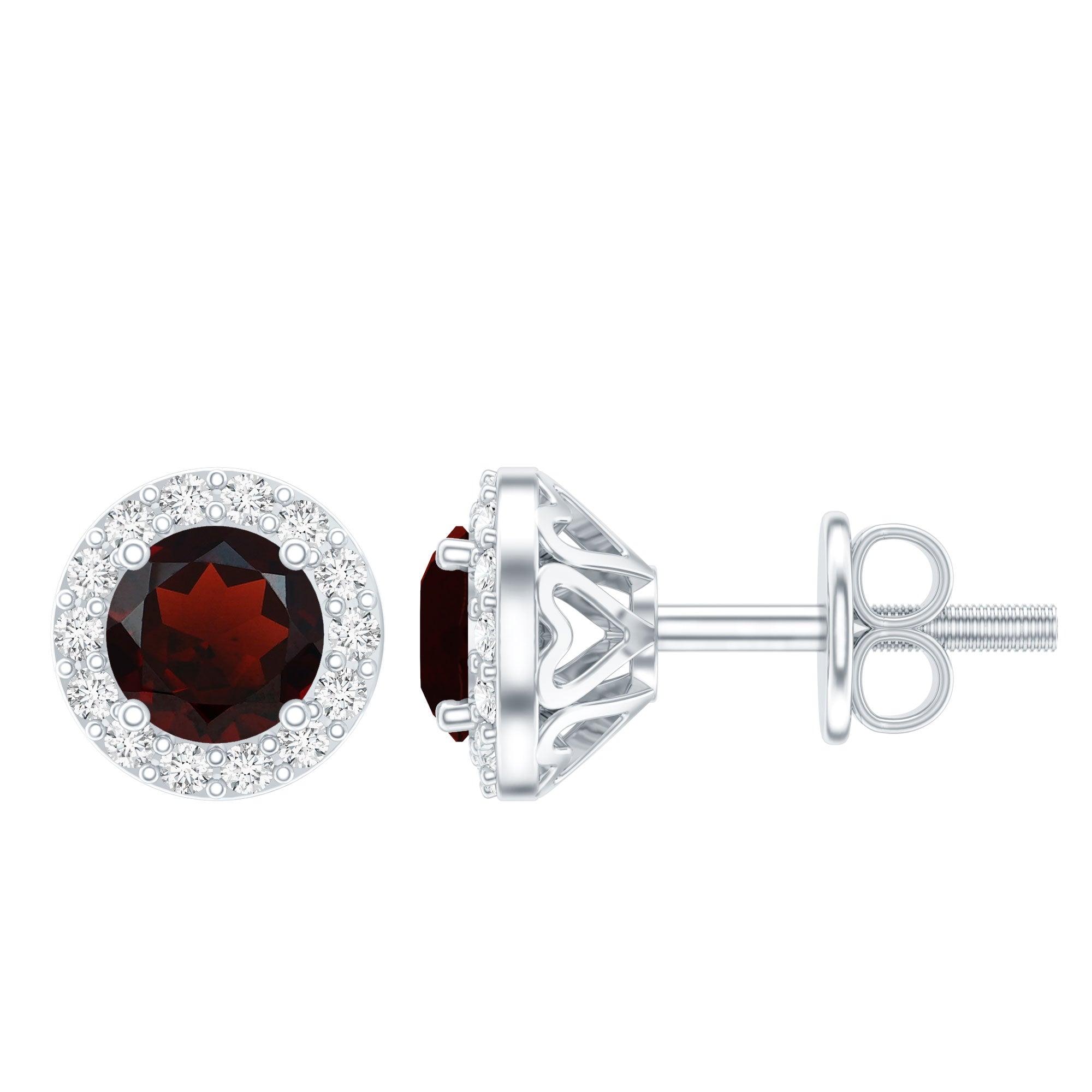 Garnet Stud Earrings – Classic AAA Quality Garnet with Halo Diamond | White Gold