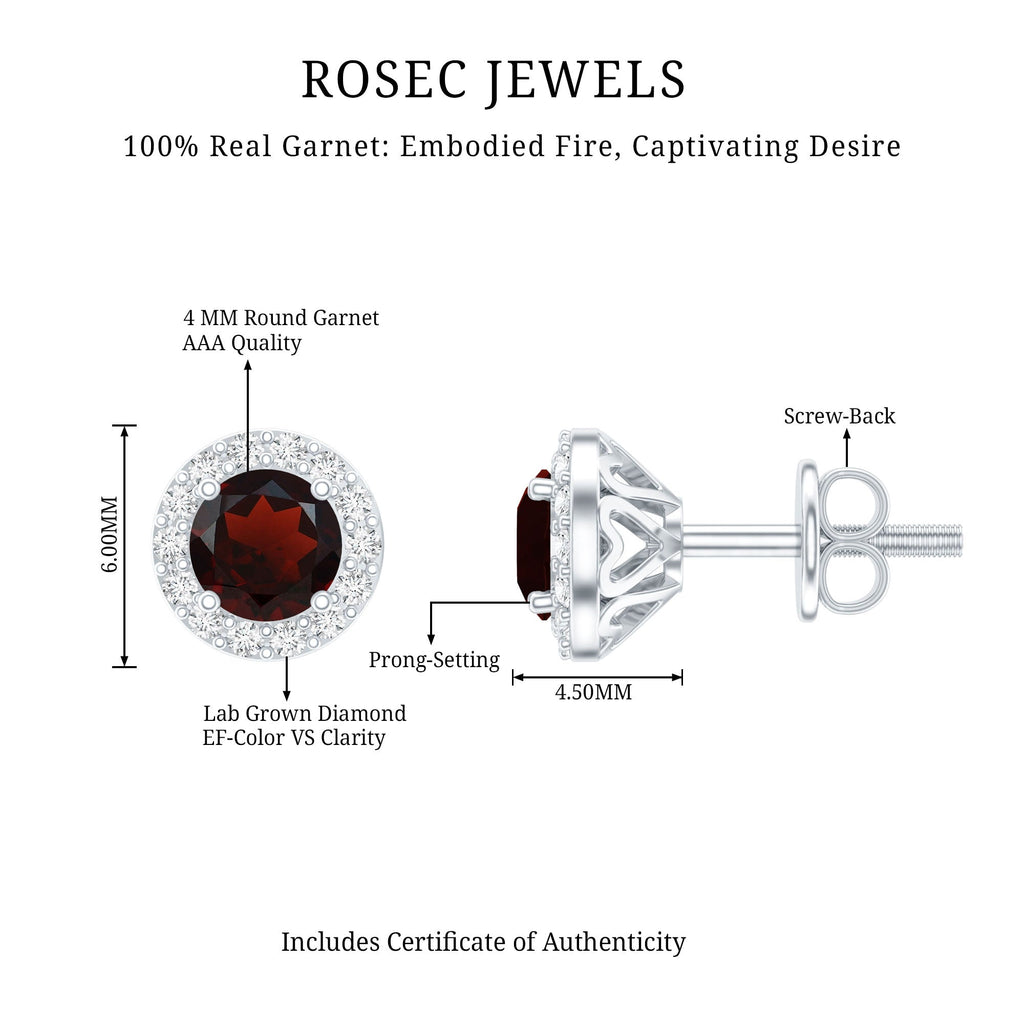 Garnet Stud Earrings – Classic AAA Quality Garnet with Halo Diamond | White Gold