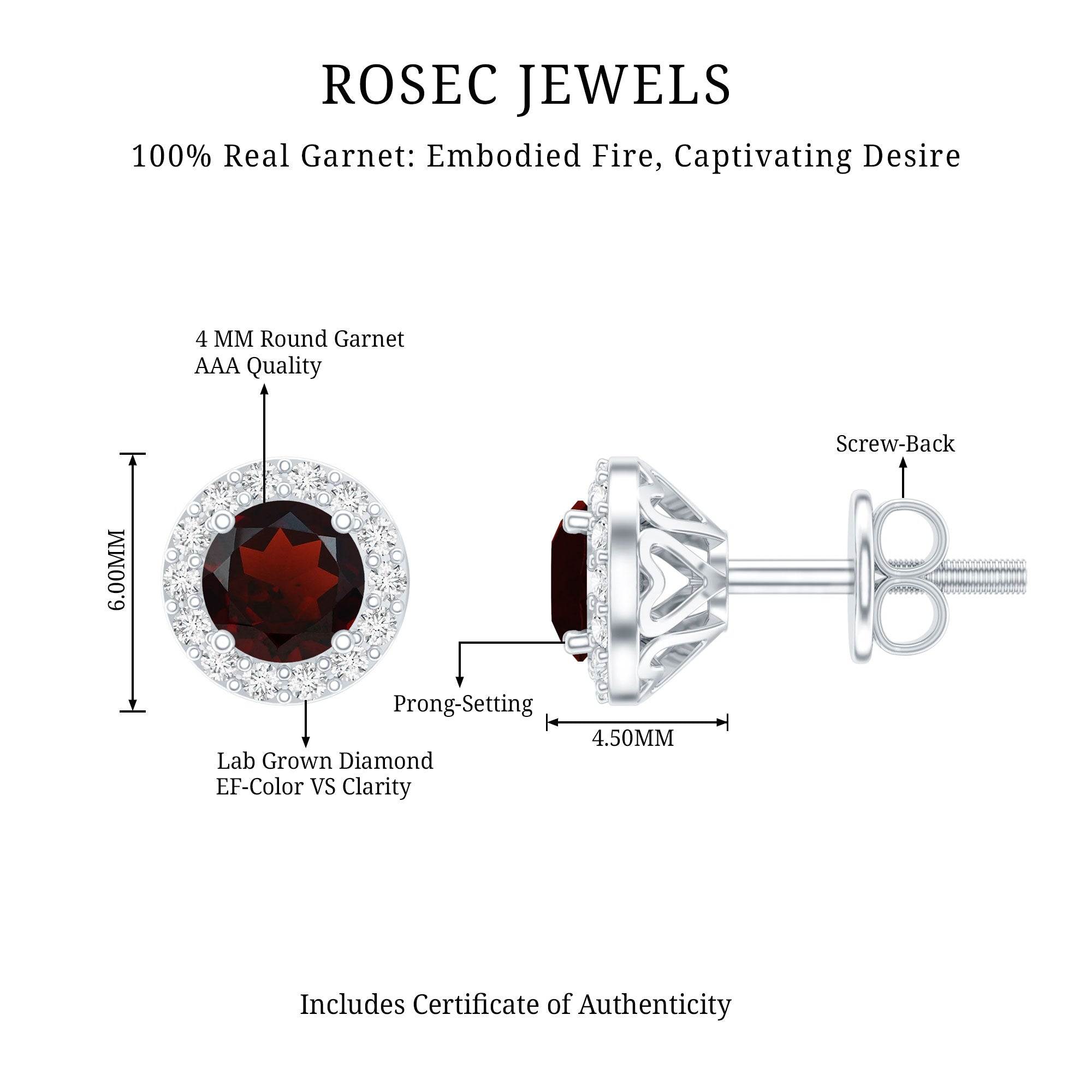 Garnet Stud Earrings – Classic AAA Quality Garnet with Halo Diamond | White Gold