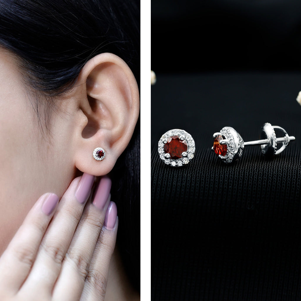 Garnet Stud Earrings – Classic AAA Quality Garnet with Halo Diamond | White Gold