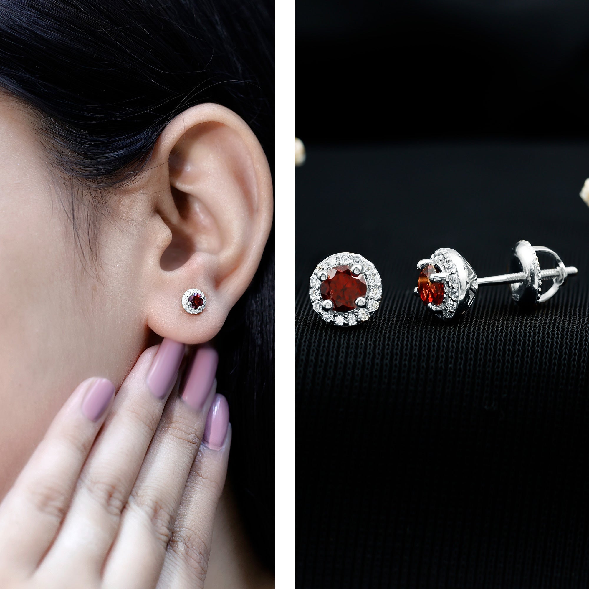 Garnet Stud Earrings – Classic AAA Quality Garnet with Halo Diamond | White Gold