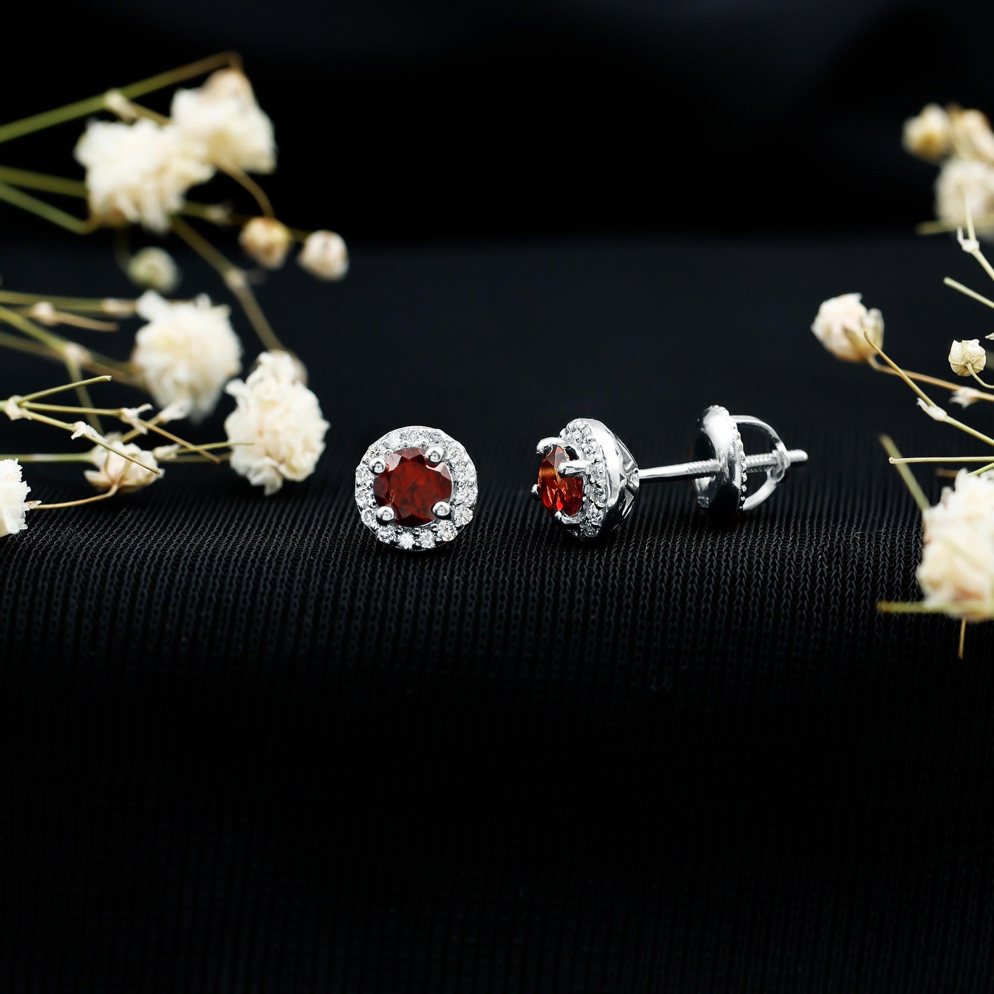 Garnet Stud Earrings – Classic AAA Quality Garnet with Halo Diamond | White Gold