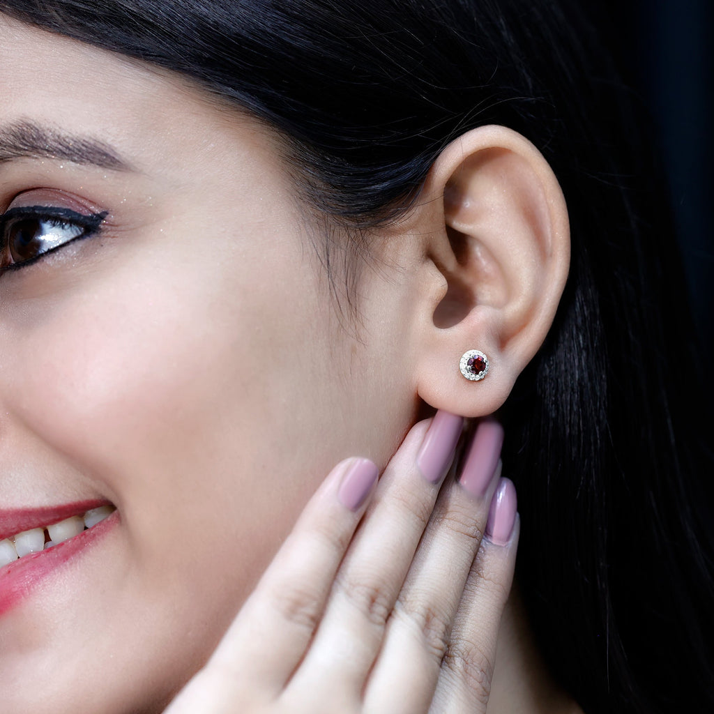 Garnet Stud Earrings – Classic AAA Quality Garnet with Halo Diamond | White Gold