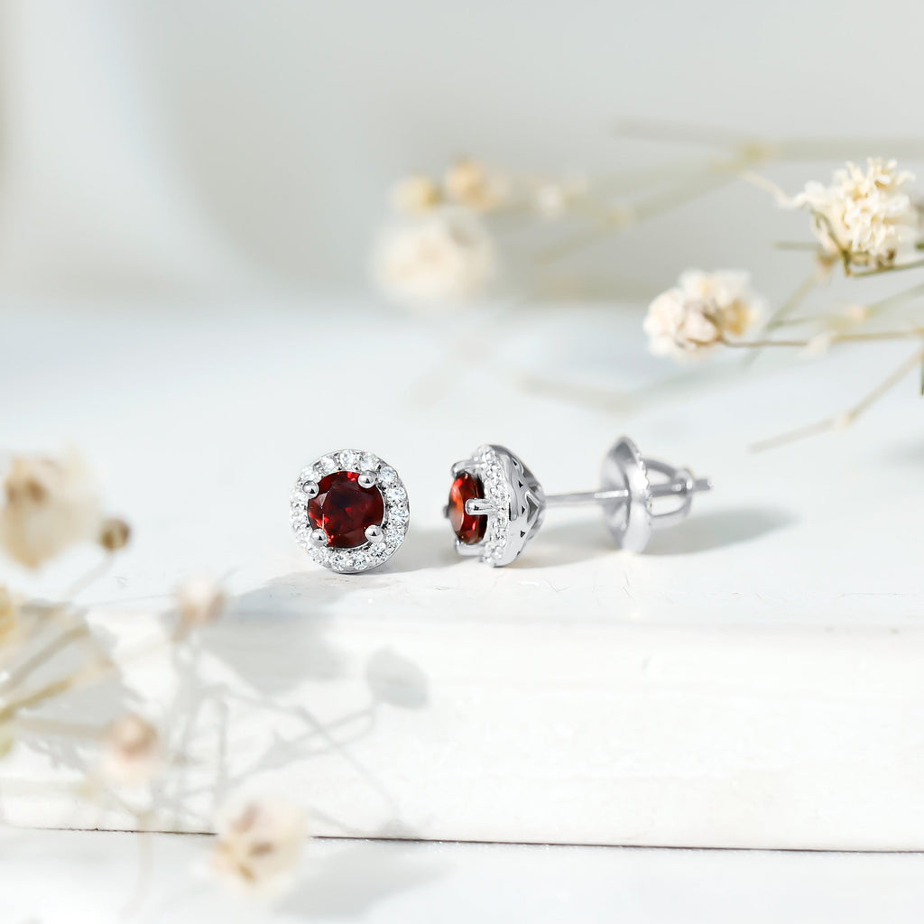 Garnet Stud Earrings – Classic AAA Quality Garnet with Halo Diamond | White Gold