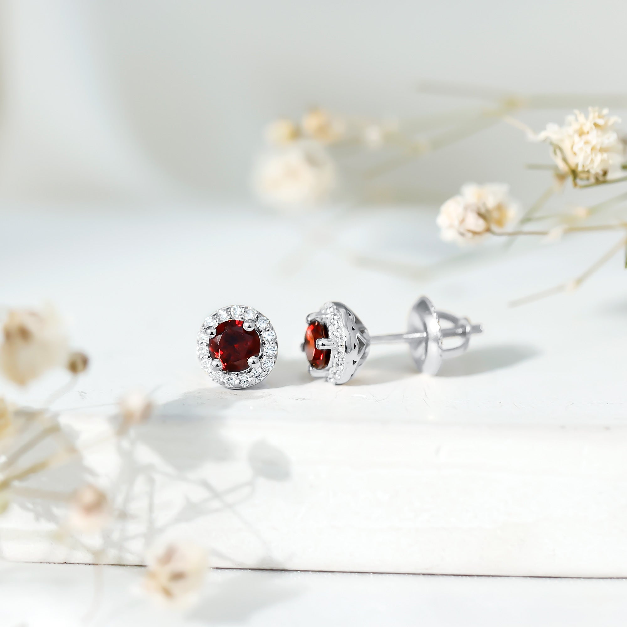 Garnet Stud Earrings – Classic AAA Quality Garnet with Halo Diamond | White Gold