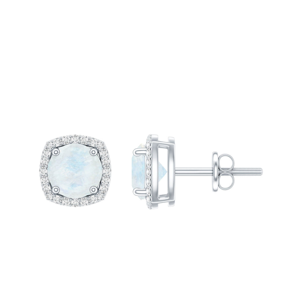 Moonstone Stud Earrings – AAA Quality Blue Moonstone with Diamond Halo Sparkle