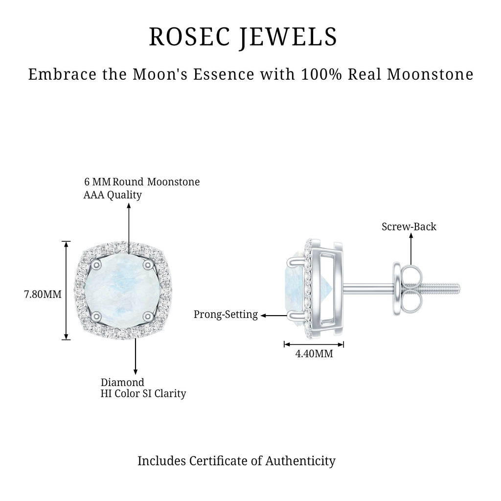 Moonstone Stud Earrings – AAA Quality Blue Moonstone with Diamond Halo Sparkle