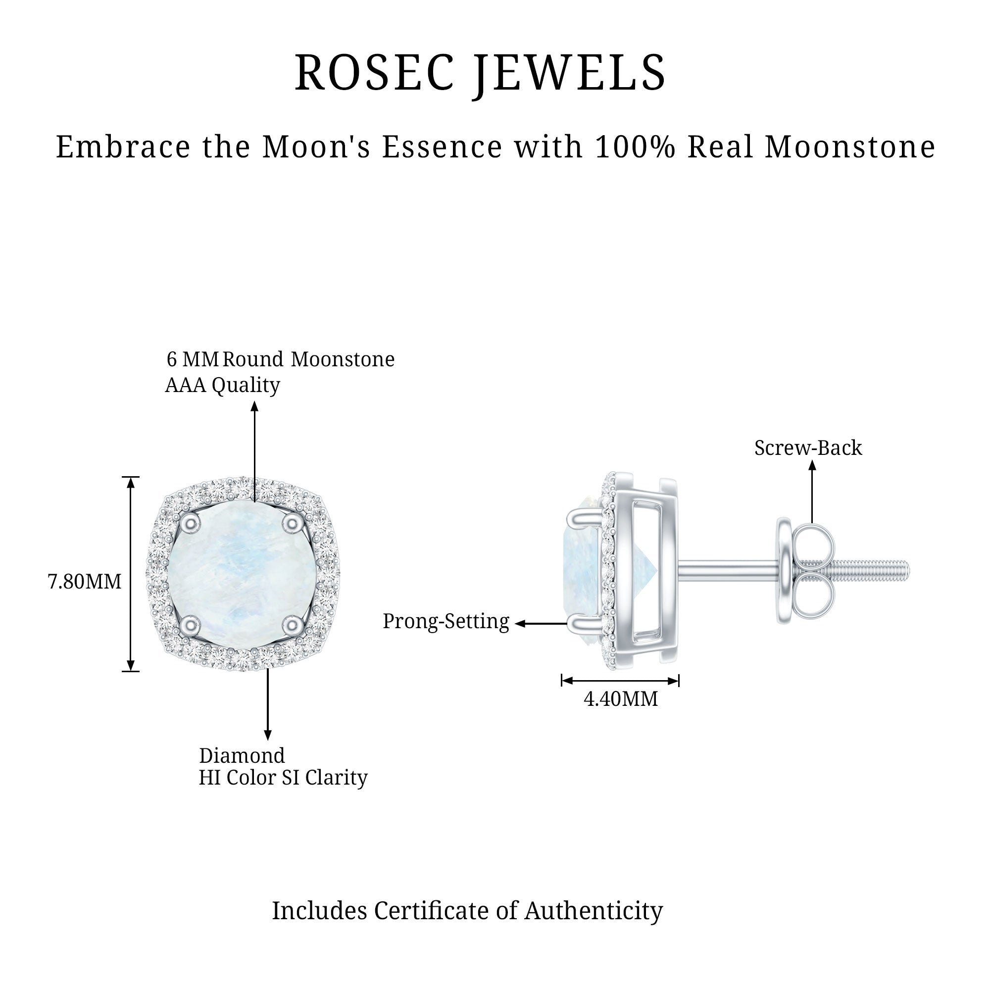 Moonstone Stud Earrings – AAA Quality Blue Moonstone with Diamond Halo Sparkle