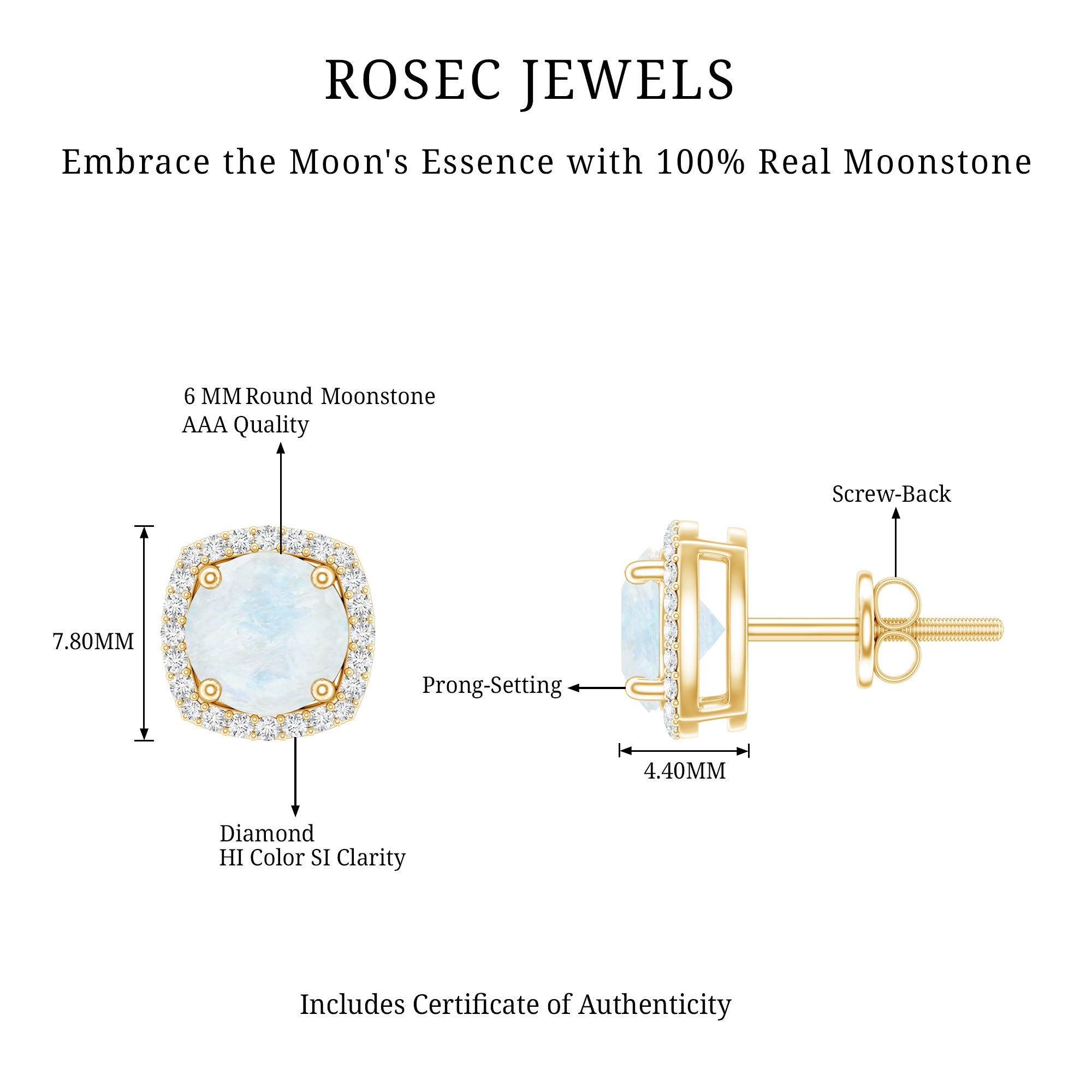 Moonstone Stud Earrings – AAA Quality Blue Moonstone with Diamond Halo Sparkle