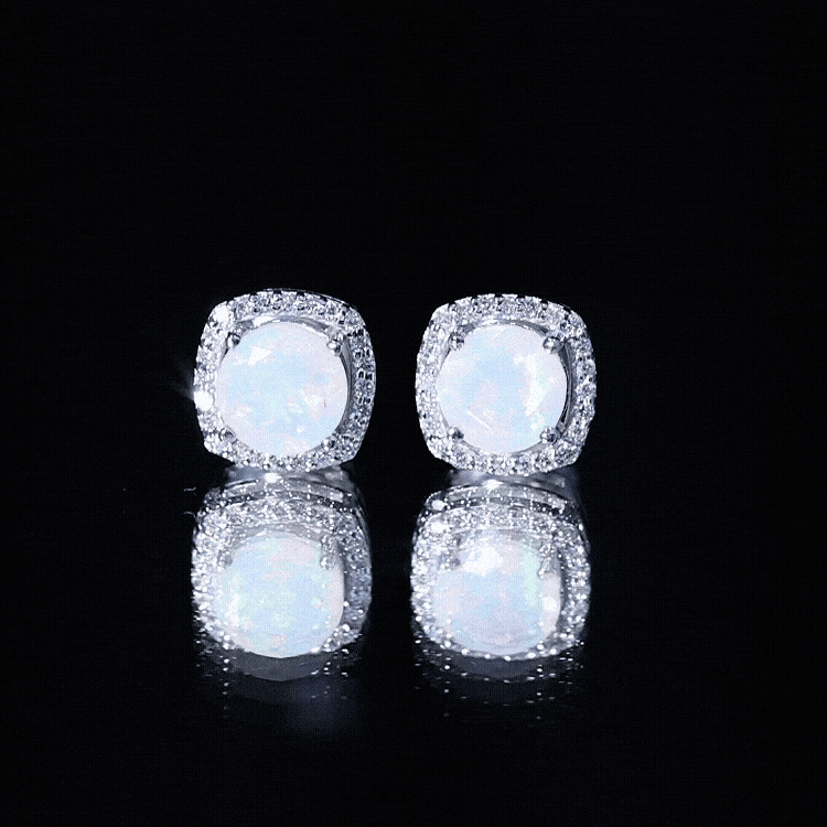 Ethiopian Opal Earrings – AAA Quality Opal Studs with Diamond Halo Design