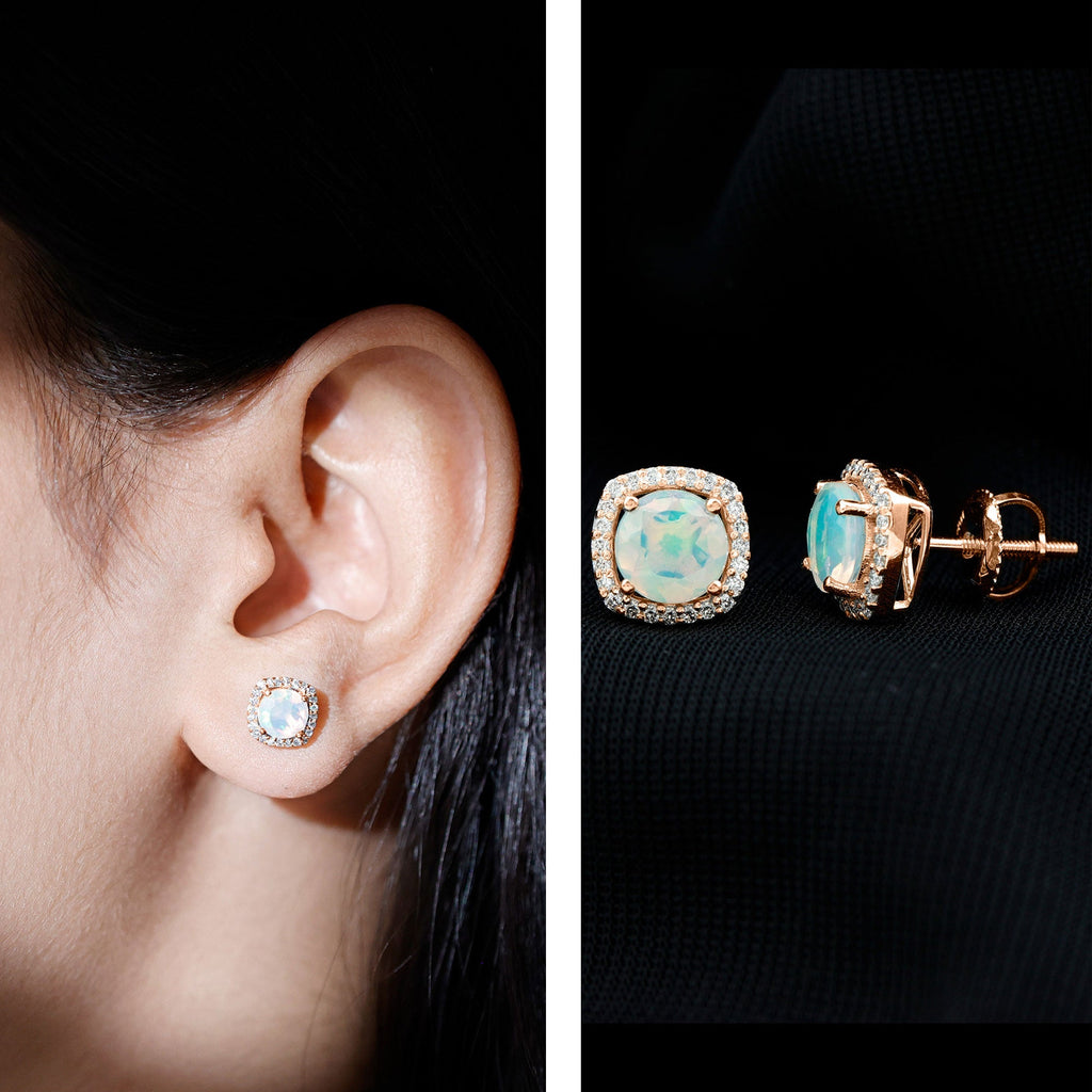 Ethiopian Opal Earrings – AAA Quality Opal Studs with Diamond Halo Design