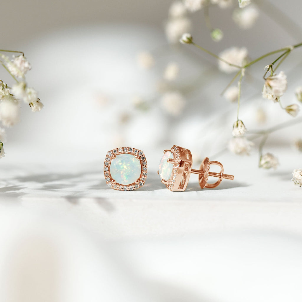 Ethiopian Opal Earrings – AAA Quality Opal Studs with Diamond Halo Design
