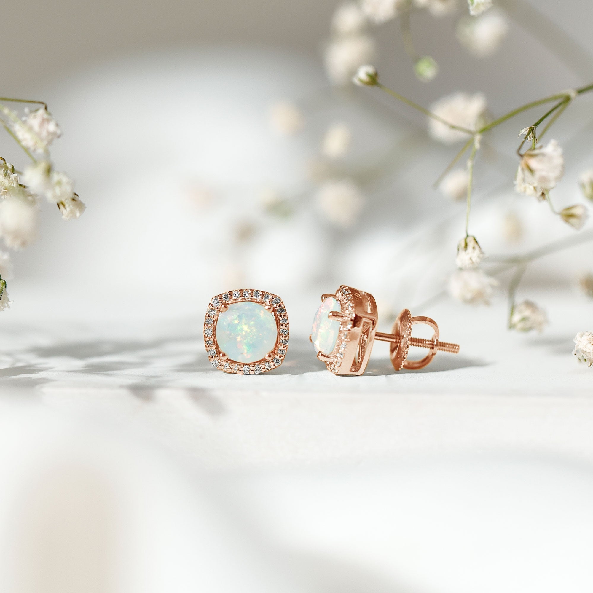Ethiopian Opal Earrings – AAA Quality Opal Studs with Diamond Halo Design