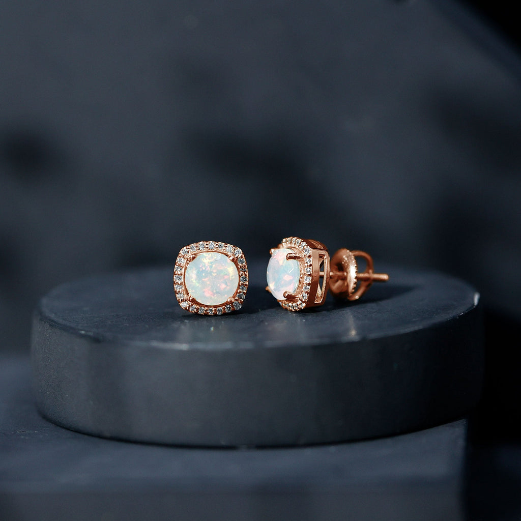Ethiopian Opal Earrings – AAA Quality Opal Studs with Diamond Halo Design