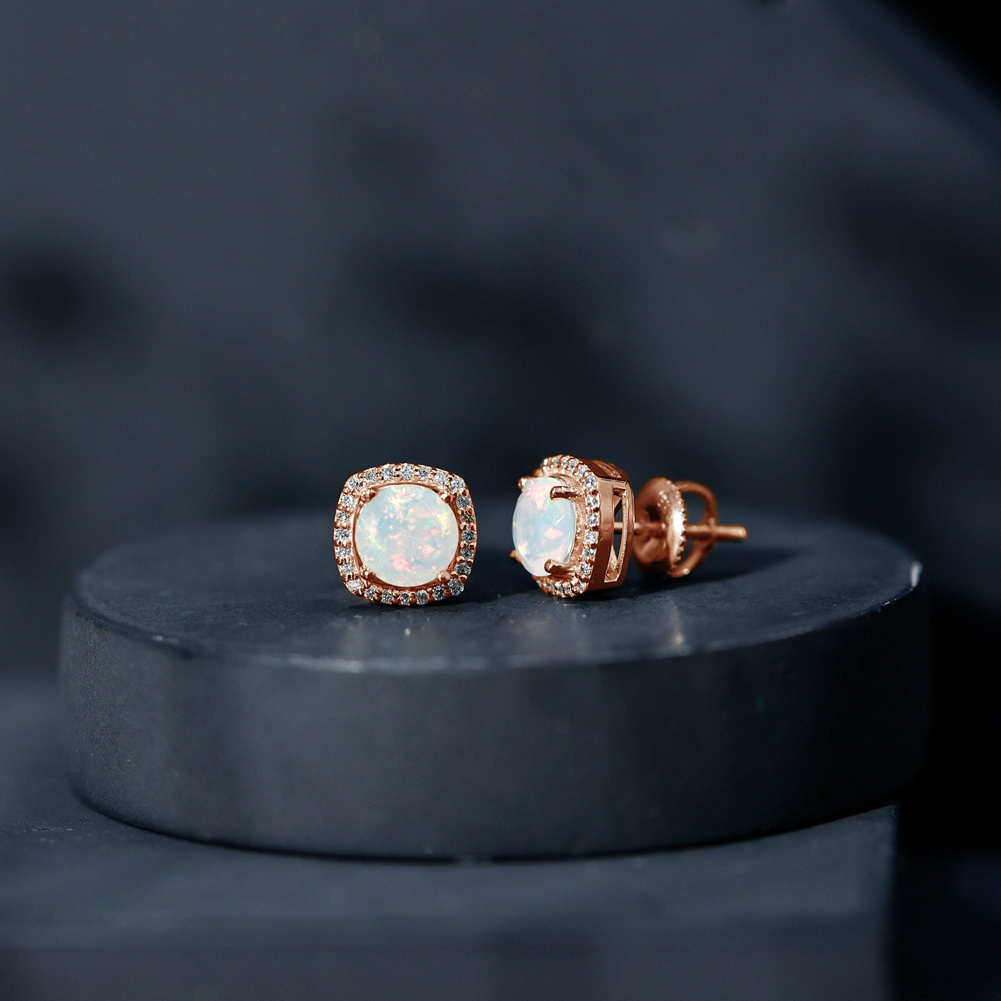Ethiopian Opal Earrings – AAA Quality Opal Studs with Diamond Halo Design