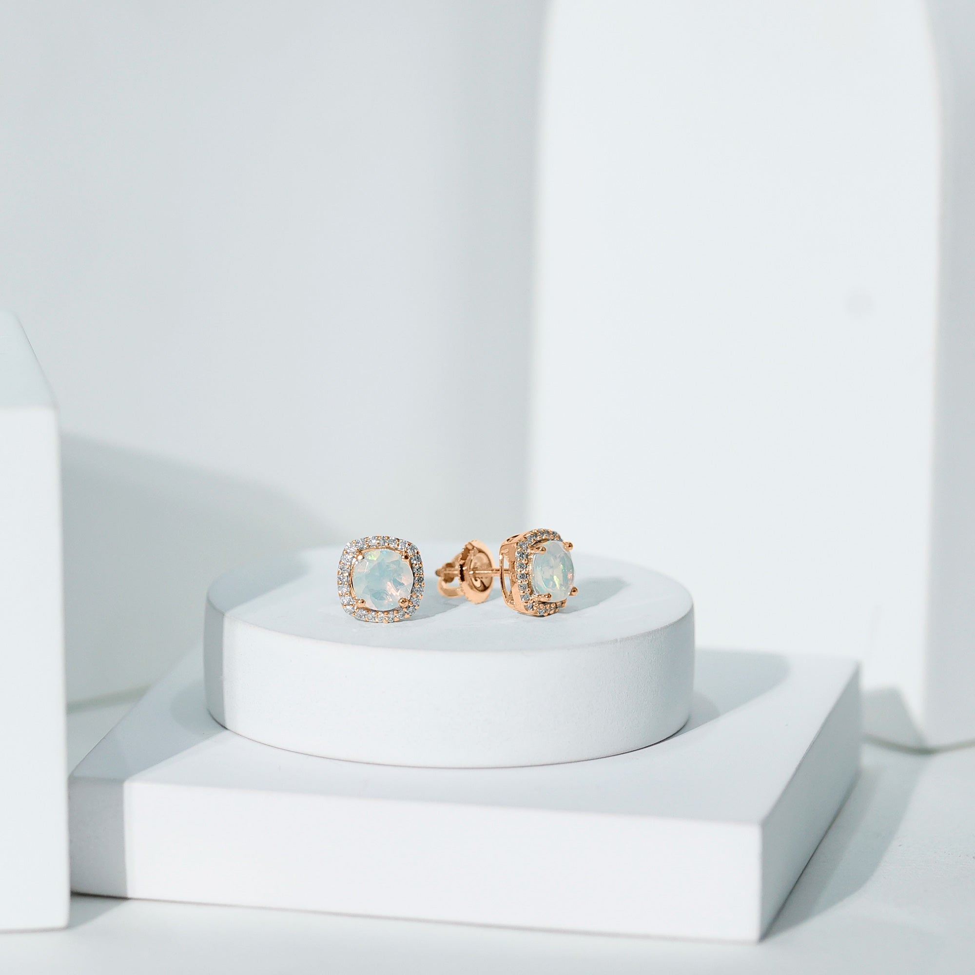 Ethiopian Opal Earrings – AAA Quality Opal Studs with Diamond Halo Design