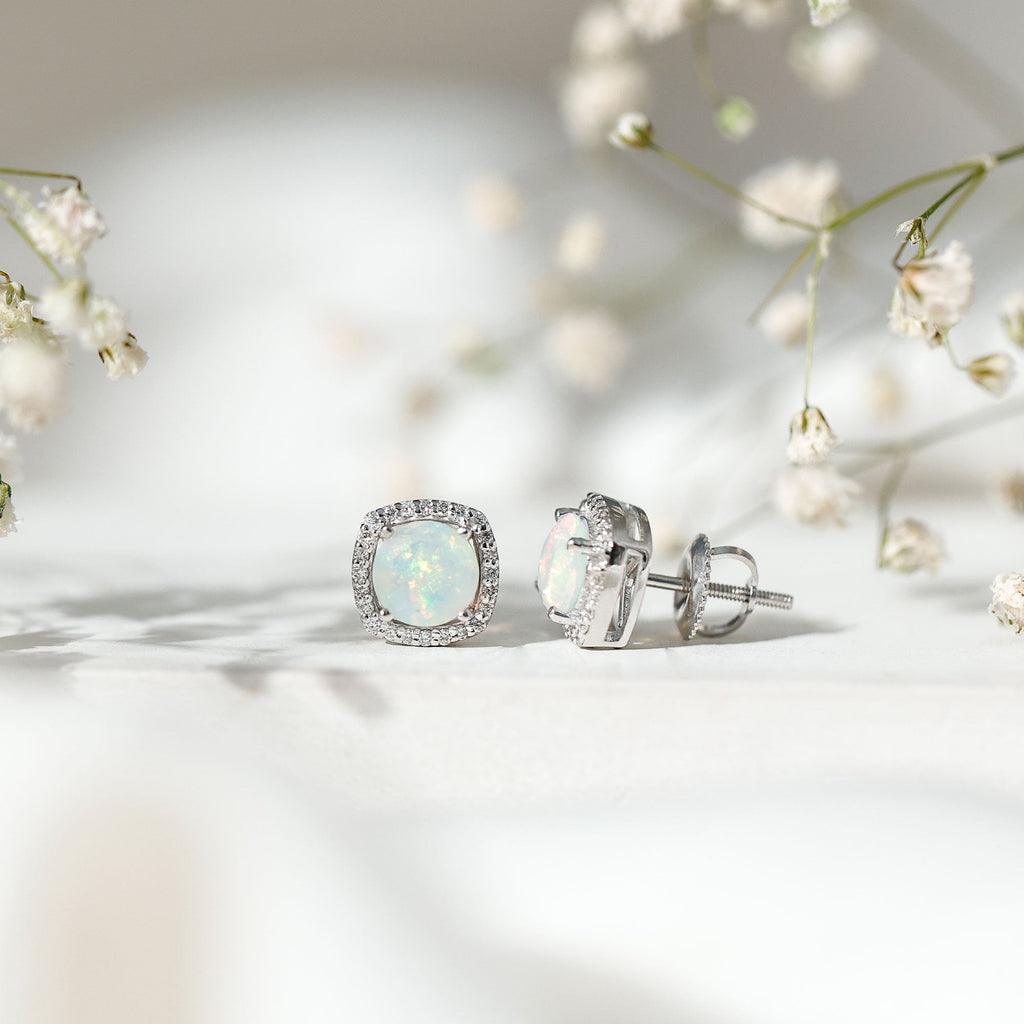 Ethiopian Opal Earrings – AAA Quality Opal Studs with Diamond Halo Design