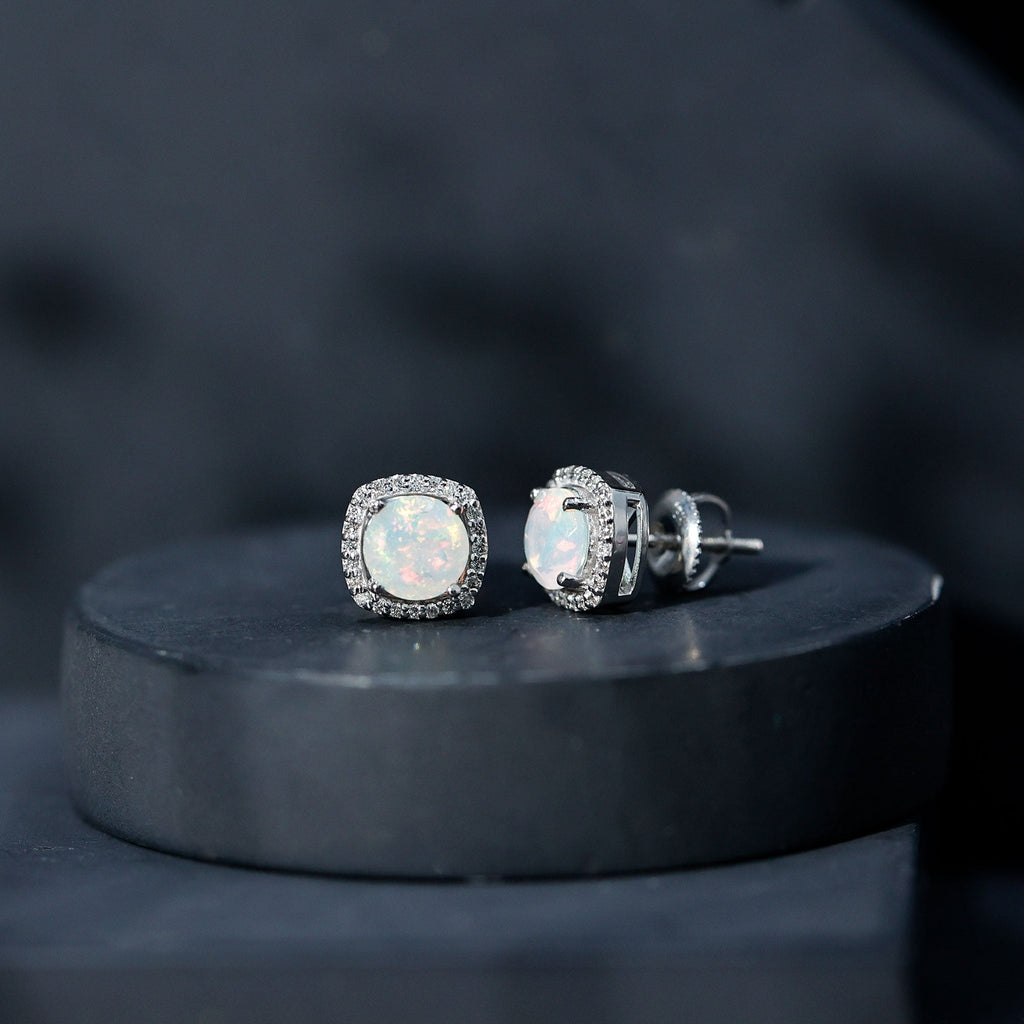 Ethiopian Opal Earrings – AAA Quality Opal Studs with Diamond Halo Design