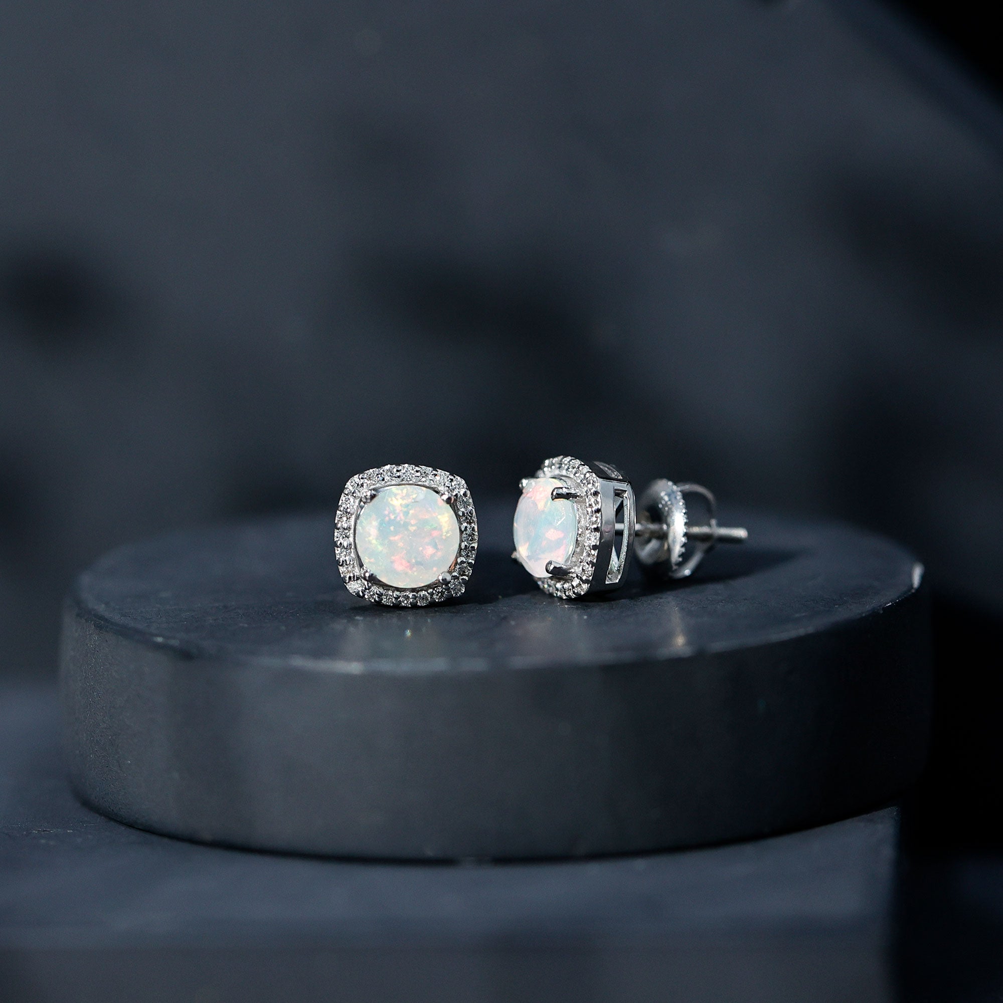 Ethiopian Opal Earrings – AAA Quality Opal Studs with Diamond Halo Design