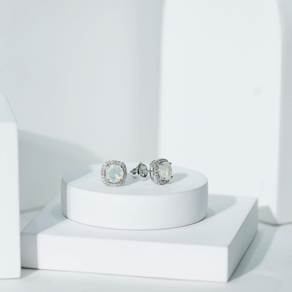 Ethiopian Opal Earrings – AAA Quality Opal Studs with Diamond Halo Design