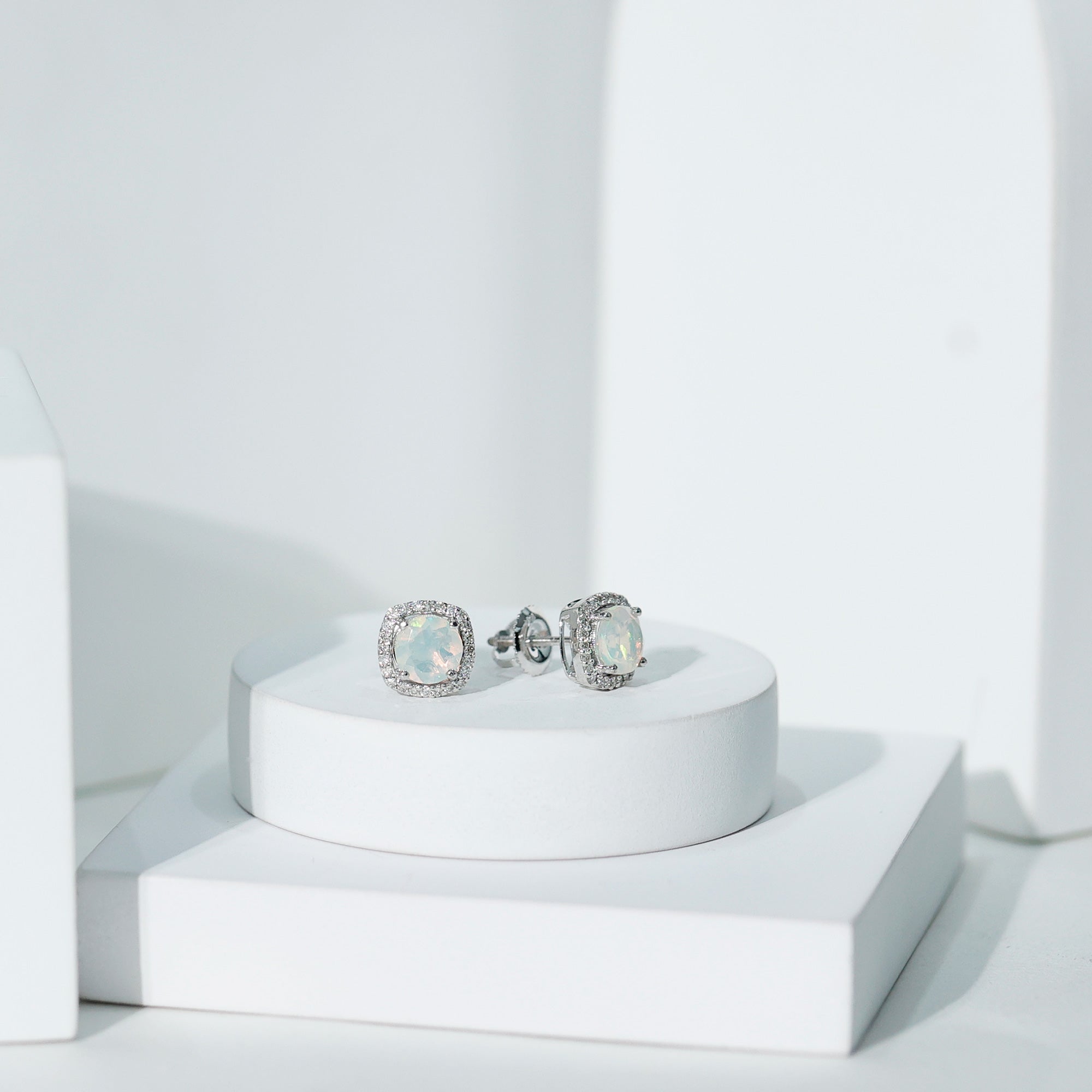 Ethiopian Opal Earrings – AAA Quality Opal Studs with Diamond Halo Design