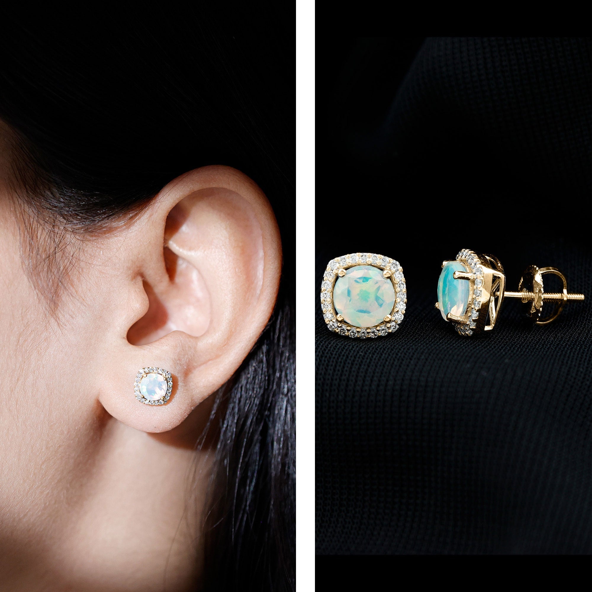 Ethiopian Opal Earrings – AAA Quality Opal Studs with Diamond Halo Design