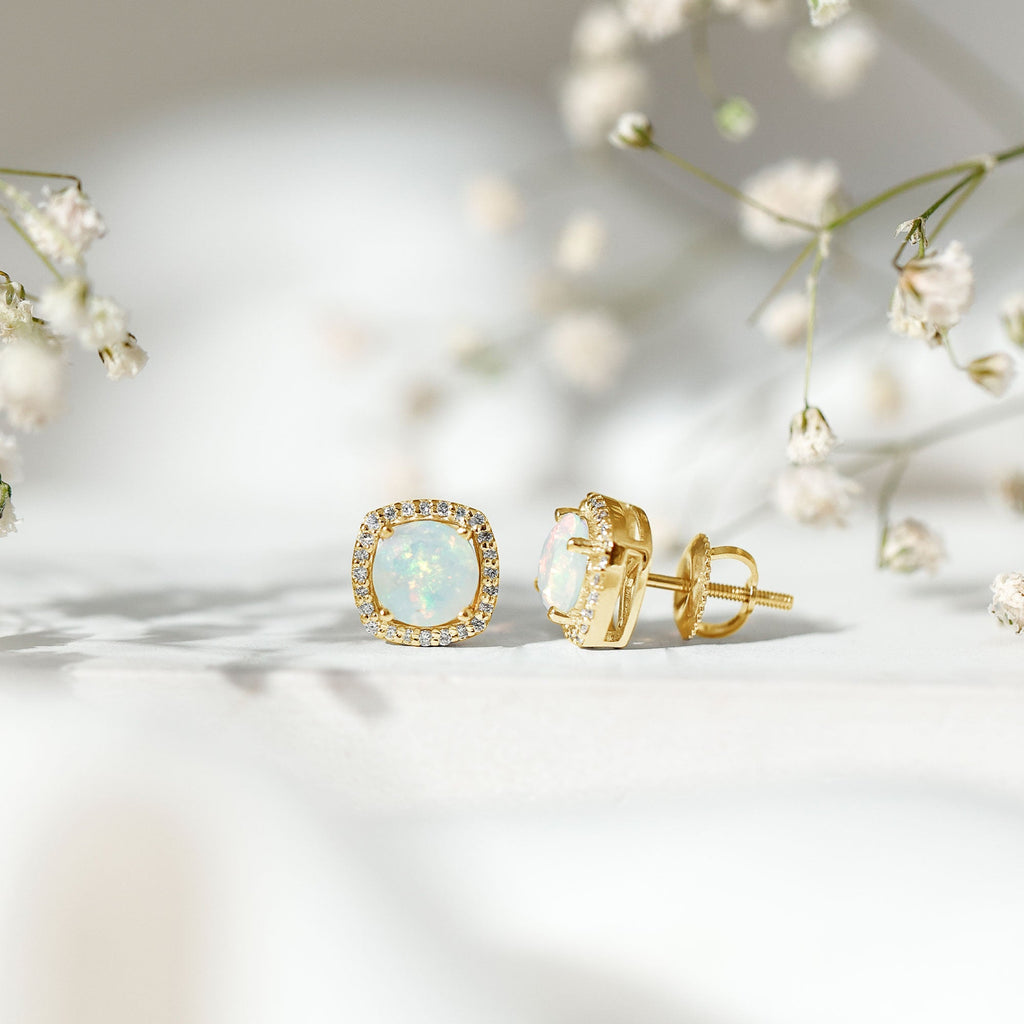 Ethiopian Opal Earrings – AAA Quality Opal Studs with Diamond Halo Design