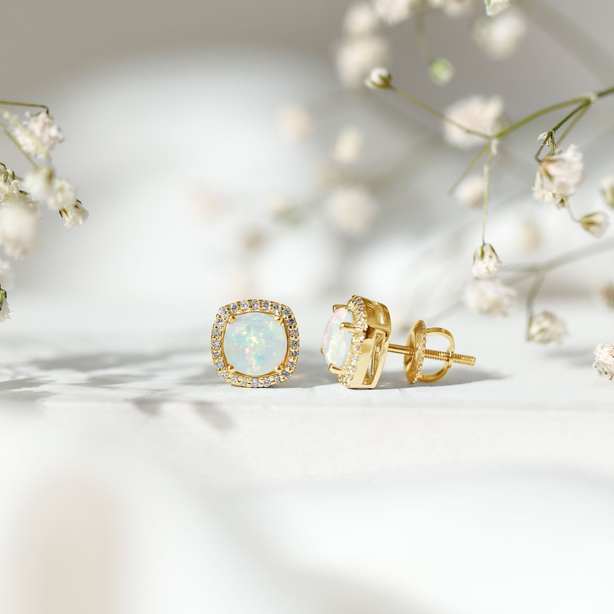 Ethiopian Opal Earrings – AAA Quality Opal Studs with Diamond Halo Design