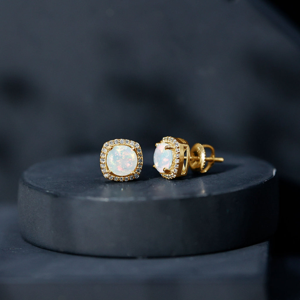 Ethiopian Opal Earrings – AAA Quality Opal Studs with Diamond Halo Design