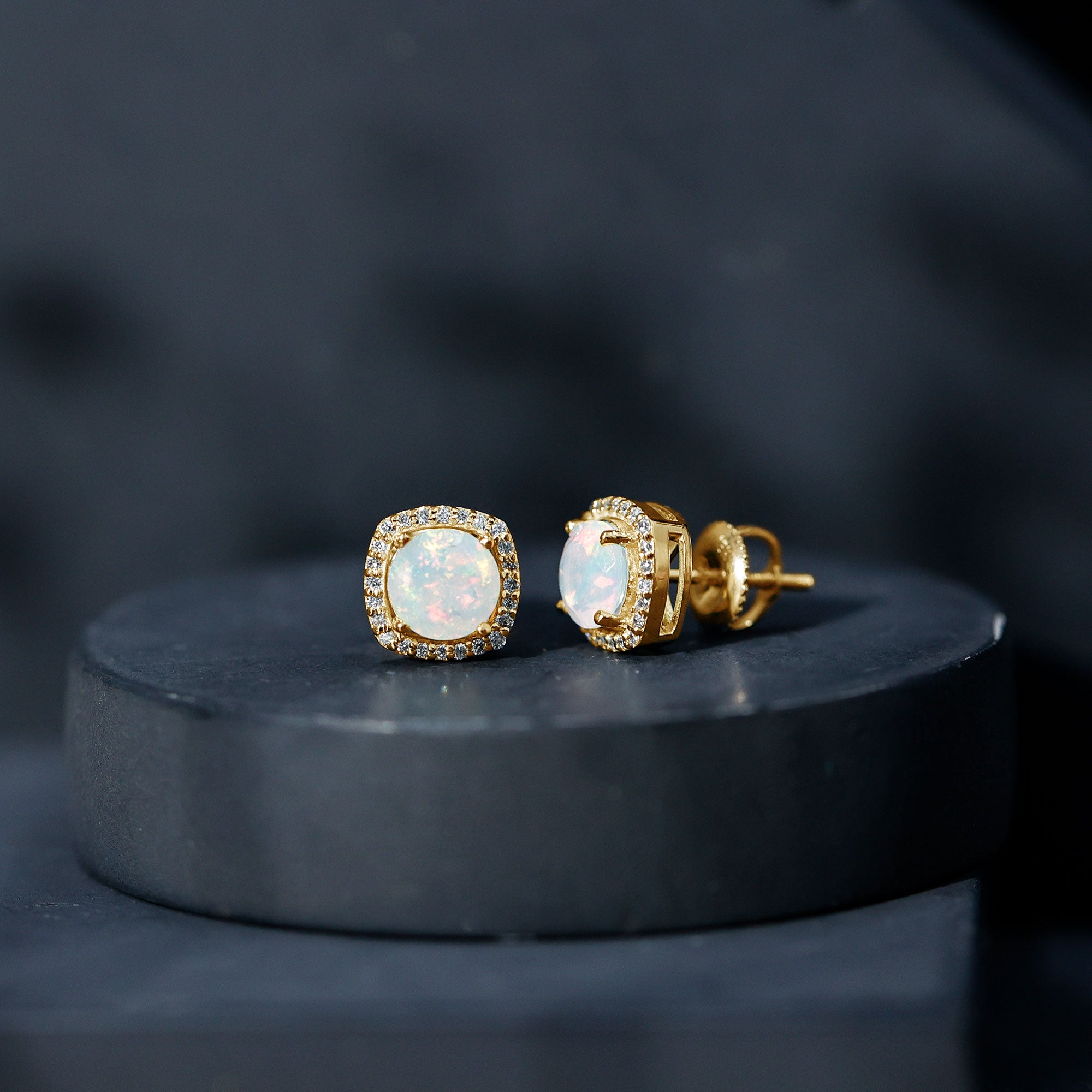Ethiopian Opal Earrings – AAA Quality Opal Studs with Diamond Halo Design
