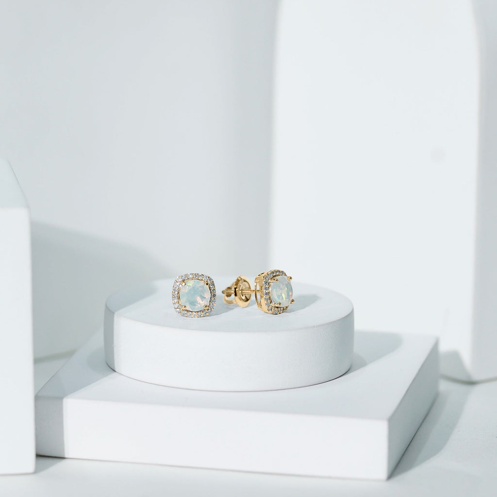 Ethiopian Opal Earrings – AAA Quality Opal Studs with Diamond Halo Design