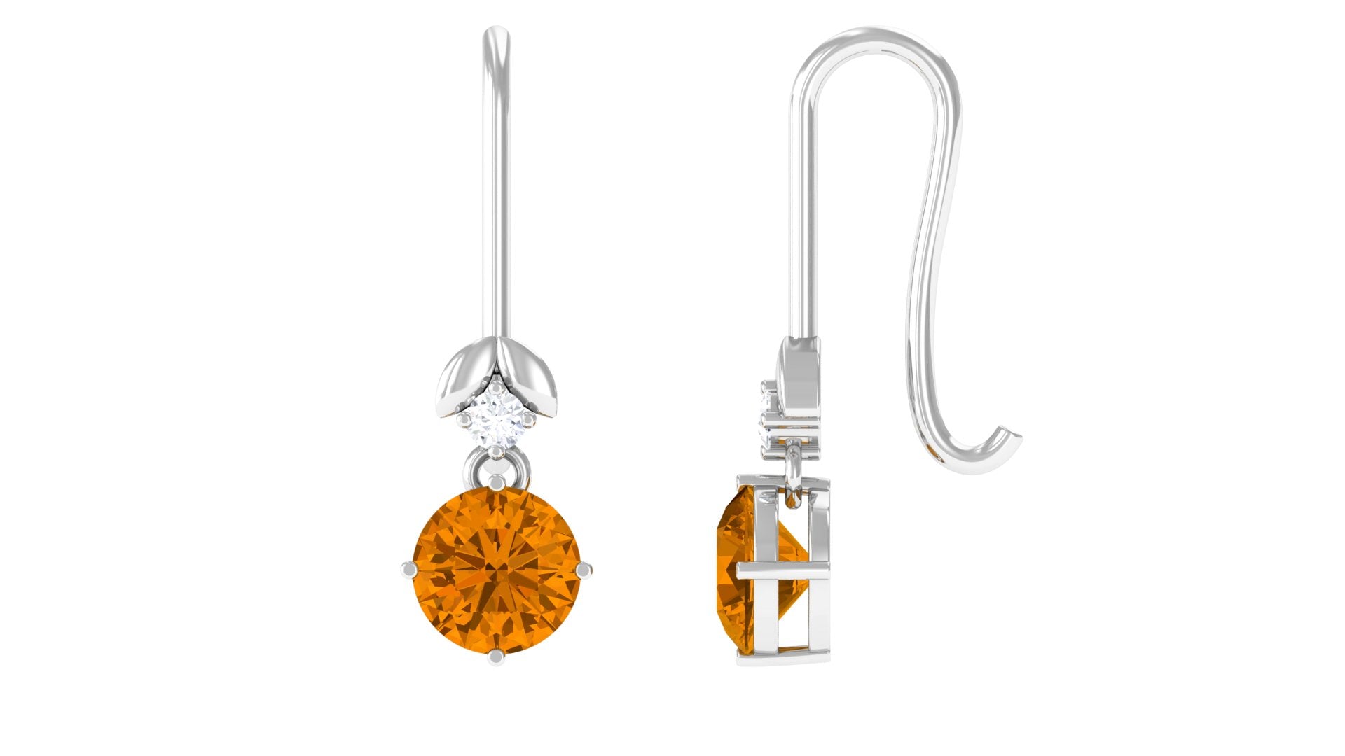 Citrine Drop Earrings – Natural Yellow Gemstone with Diamond & Leaf Motif Design