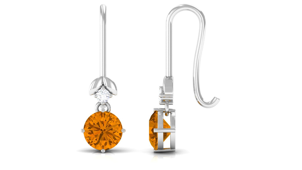 Citrine Drop Earrings – Natural Yellow Gemstone with Diamond & Leaf Motif Design