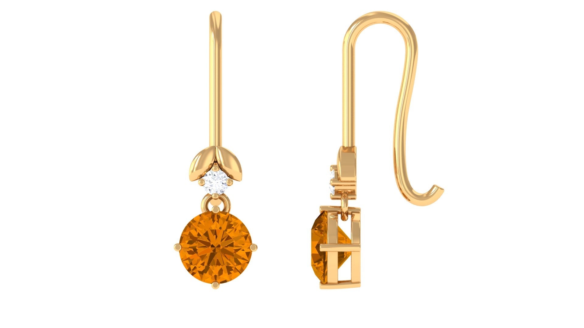 Citrine Drop Earrings – Natural Yellow Gemstone with Diamond & Leaf Motif Design