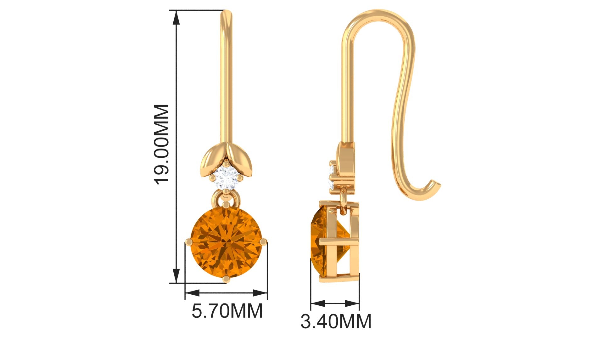 Citrine Drop Earrings – Natural Yellow Gemstone with Diamond & Leaf Motif Design