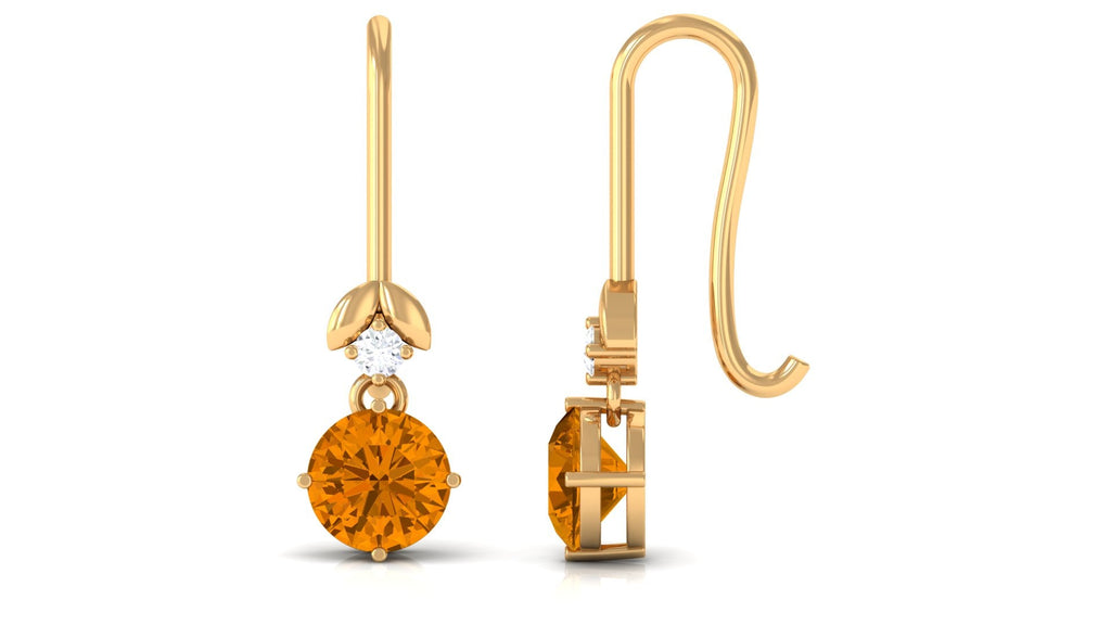 Citrine Drop Earrings – Natural Yellow Gemstone with Diamond & Leaf Motif Design