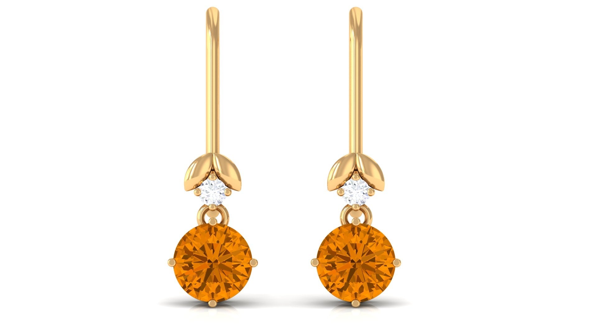 Citrine Drop Earrings – Natural Yellow Gemstone with Diamond & Leaf Motif Design