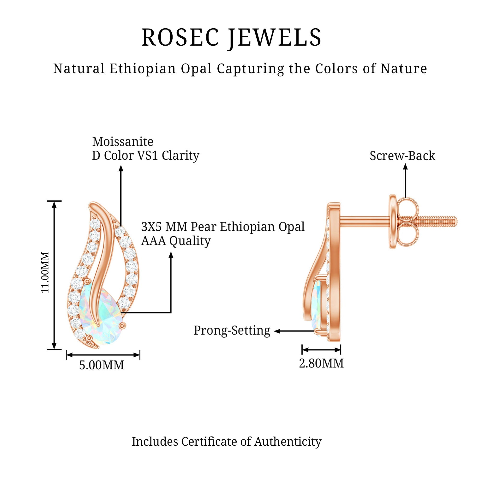 Ethiopian Opal Earrings – Pear Shape Leaf Studs with Sparkling Moissanite Jewelry