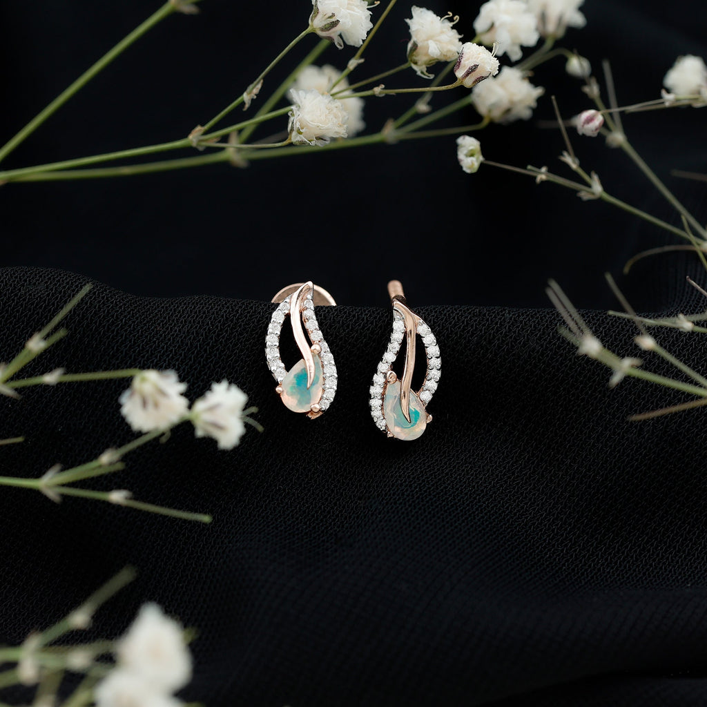Ethiopian Opal Earrings – Pear Shape Leaf Studs with Sparkling Moissanite Jewelry