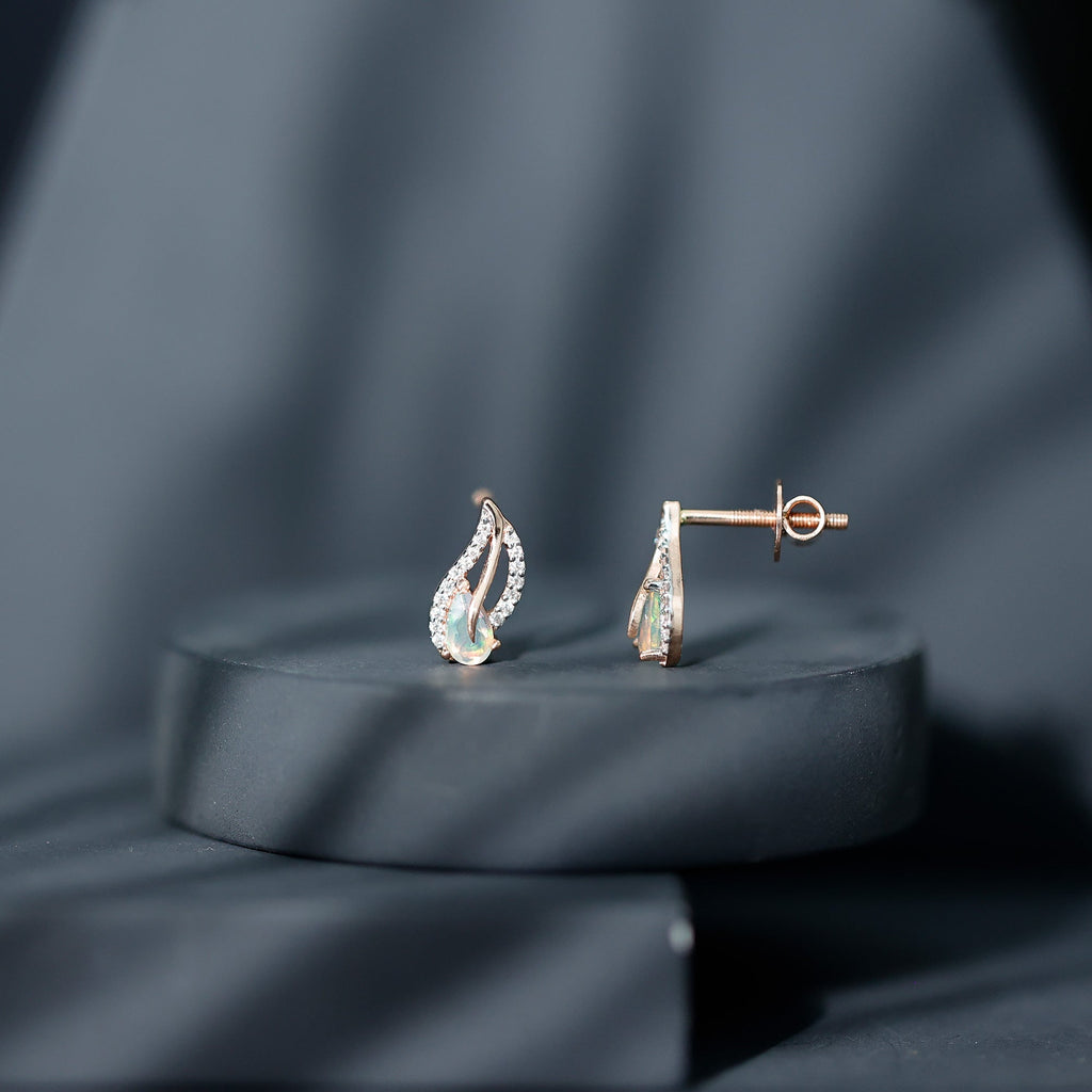 Ethiopian Opal Earrings – Pear Shape Leaf Studs with Sparkling Moissanite Jewelry