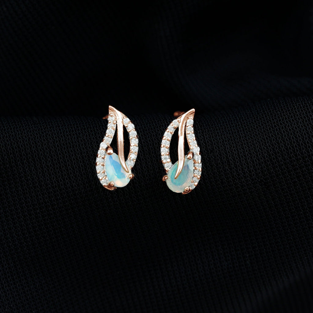 Ethiopian Opal Earrings – Pear Shape Leaf Studs with Sparkling Moissanite Jewelry