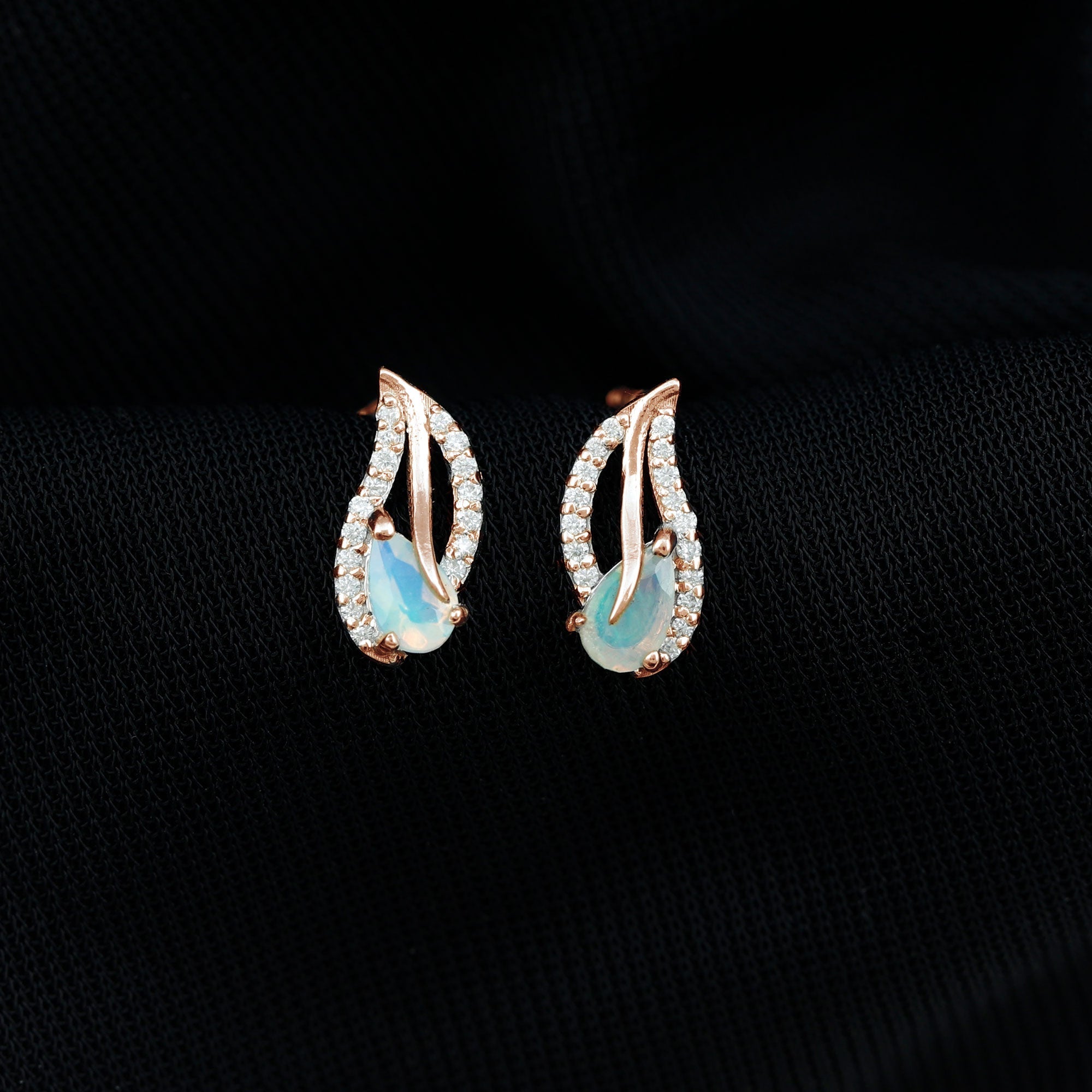 Ethiopian Opal Earrings – Pear Shape Leaf Studs with Sparkling Moissanite Jewelry