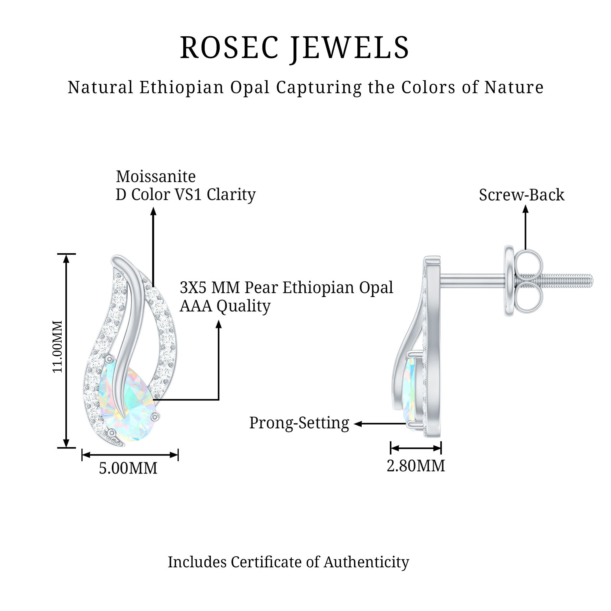 Ethiopian Opal Earrings – Pear Shape Leaf Studs with Sparkling Moissanite Jewelry
