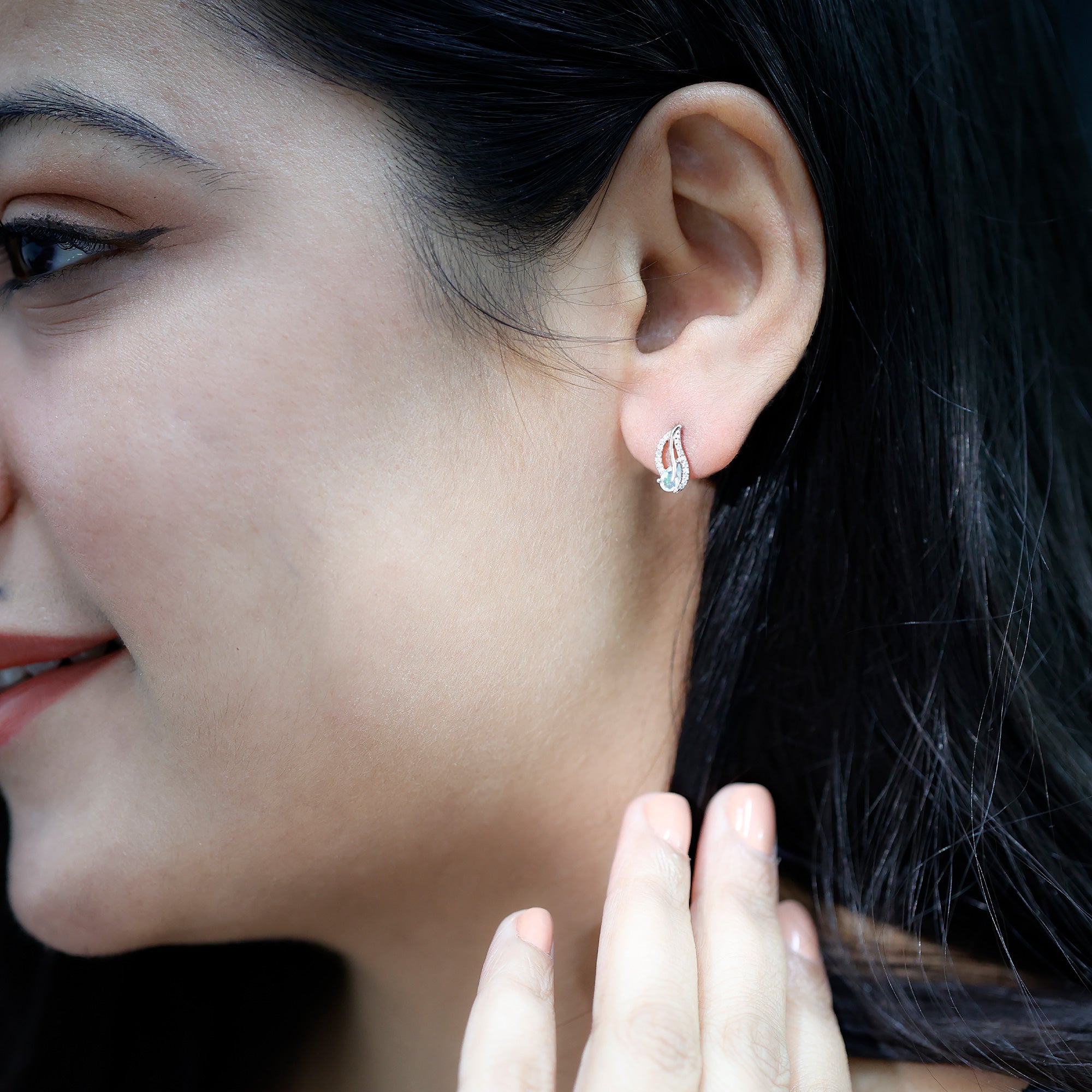 Ethiopian Opal Earrings – Pear Shape Leaf Studs with Sparkling Moissanite Jewelry