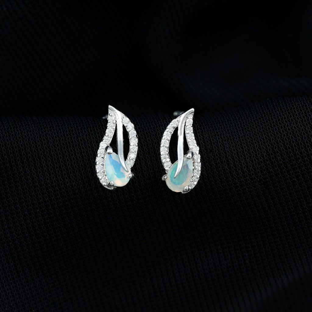 Ethiopian Opal Earrings – Pear Shape Leaf Studs with Sparkling Moissanite Jewelry