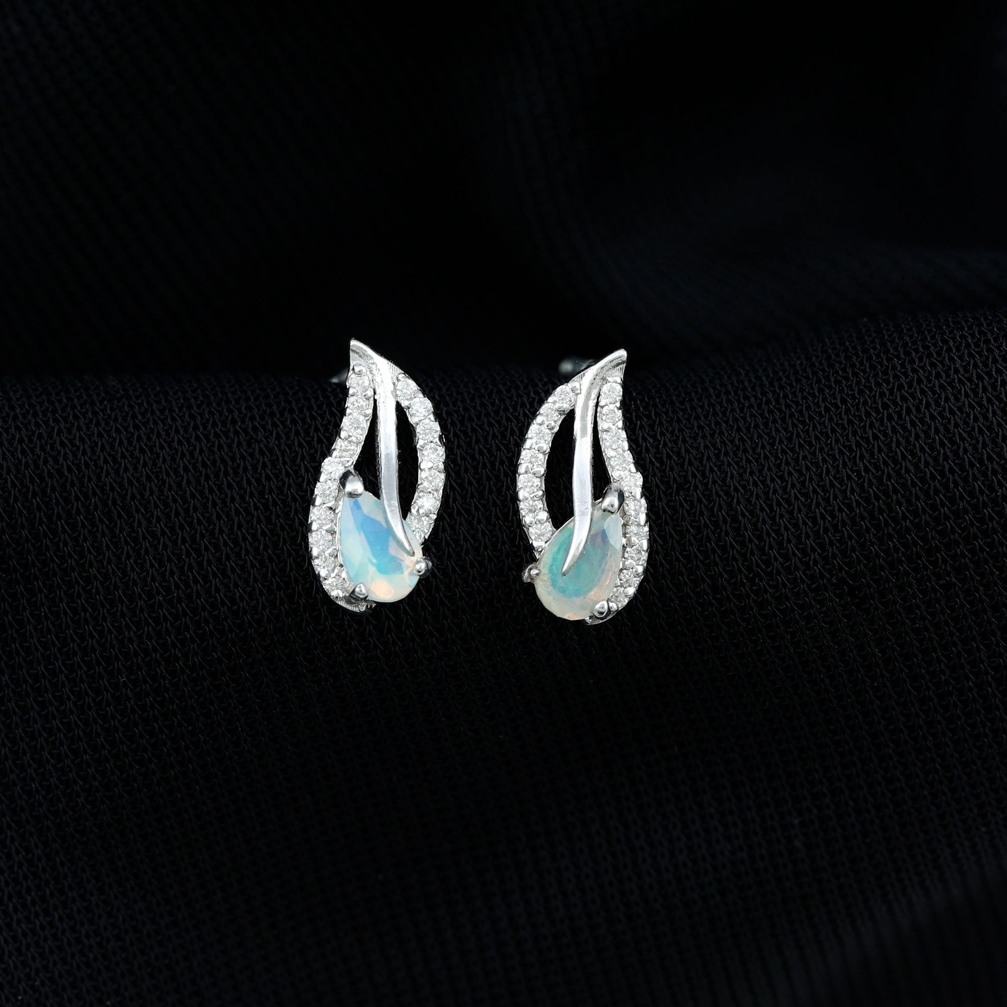 Ethiopian Opal Earrings – Pear Shape Leaf Studs with Sparkling Moissanite Jewelry