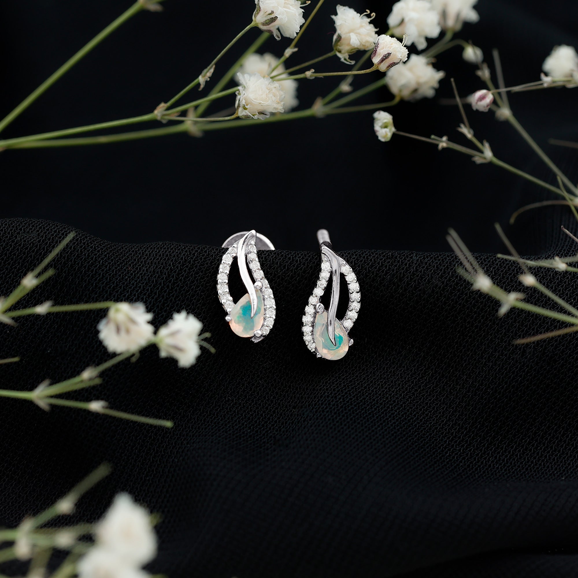 Ethiopian Opal Earrings – Pear Shape Leaf Studs with Sparkling Moissanite Jewelry