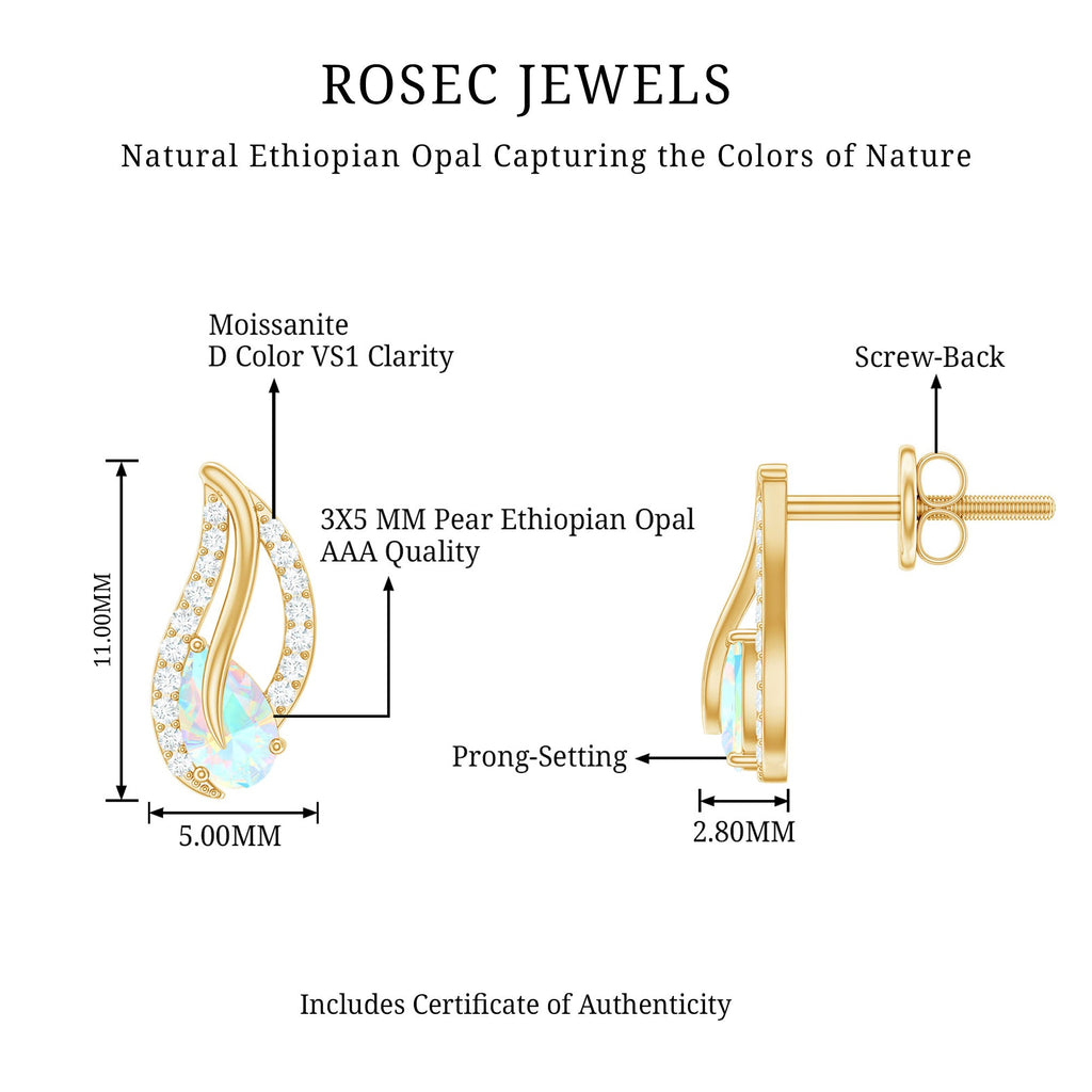 Ethiopian Opal Earrings – Pear Shape Leaf Studs with Sparkling Moissanite Jewelry