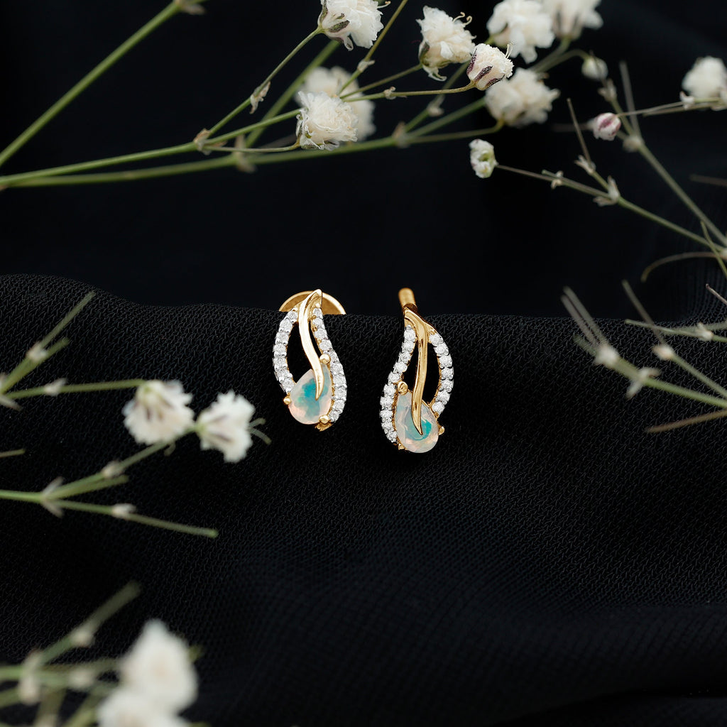 Ethiopian Opal Earrings – Pear Shape Leaf Studs with Sparkling Moissanite Jewelry