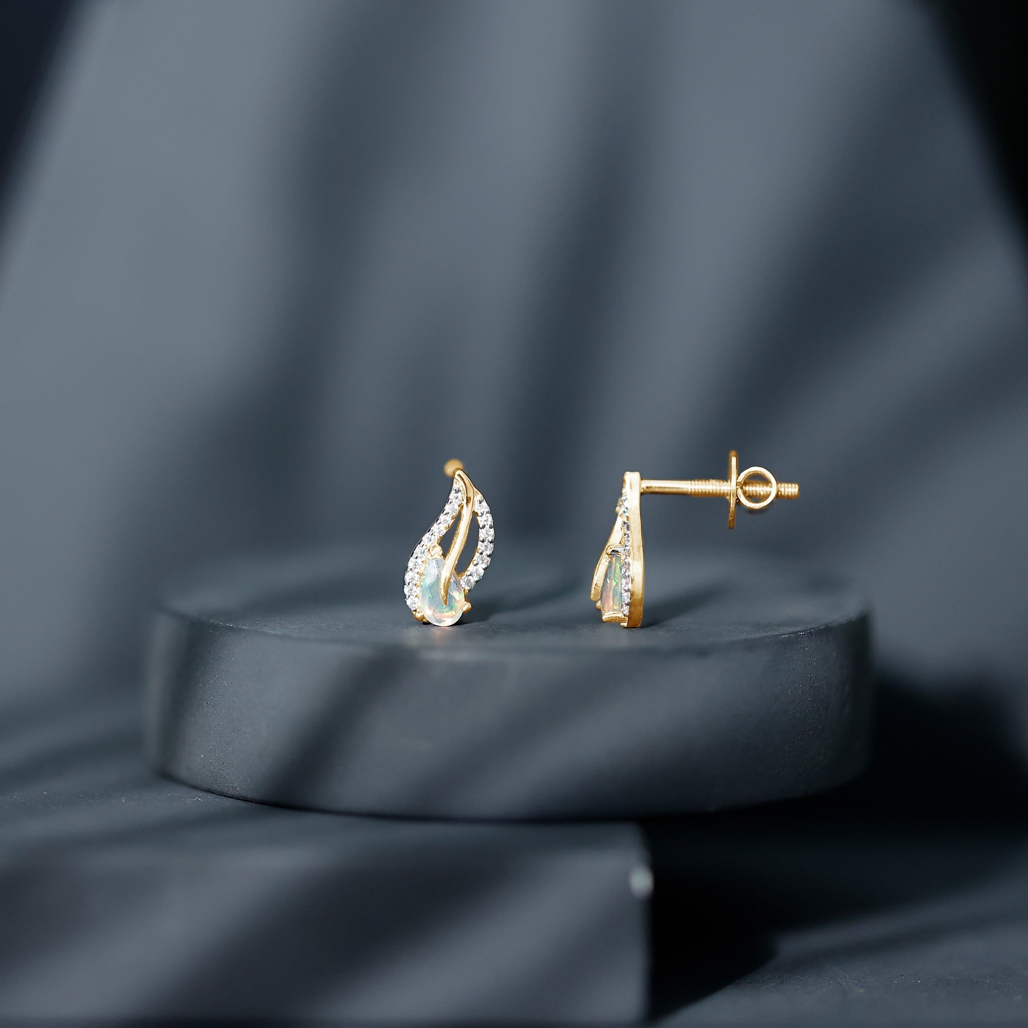 Ethiopian Opal Earrings – Pear Shape Leaf Studs with Sparkling Moissanite Jewelry